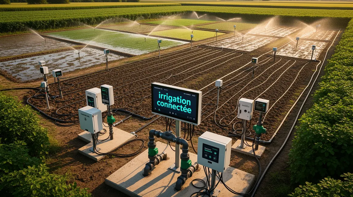 irrigation connectee sur exploitation agricole moderne avec capteurs