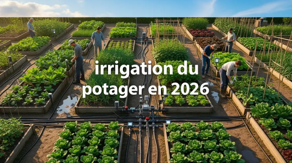 Vue aérienne d’un potager 2026 avec irrigation moderne et capteurs