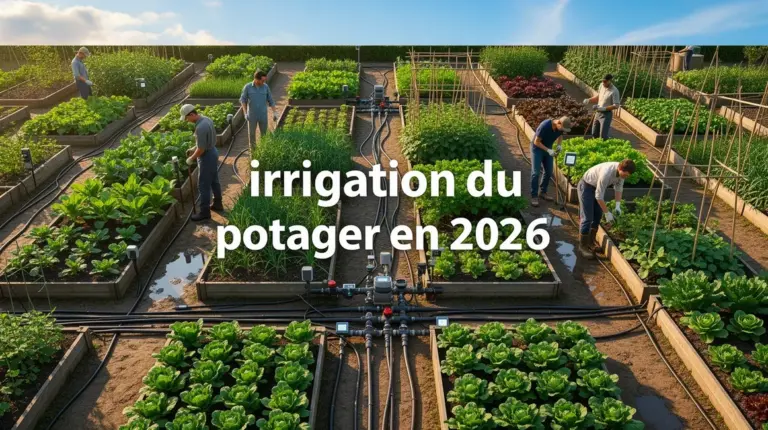 Vue aérienne d’un potager 2026 avec irrigation moderne et capteurs