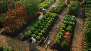 potager verdoyant avec systemes d'irrigation goutte à goutte et arrosoir