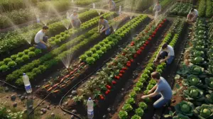 potager avec systèmes d'irrigation économes, silhouettes, légumes