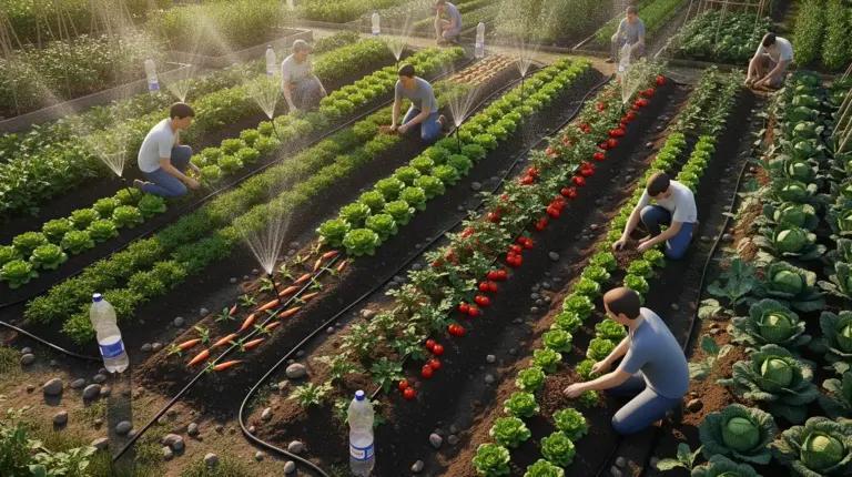 potager avec systèmes d'irrigation économes, silhouettes, légumes