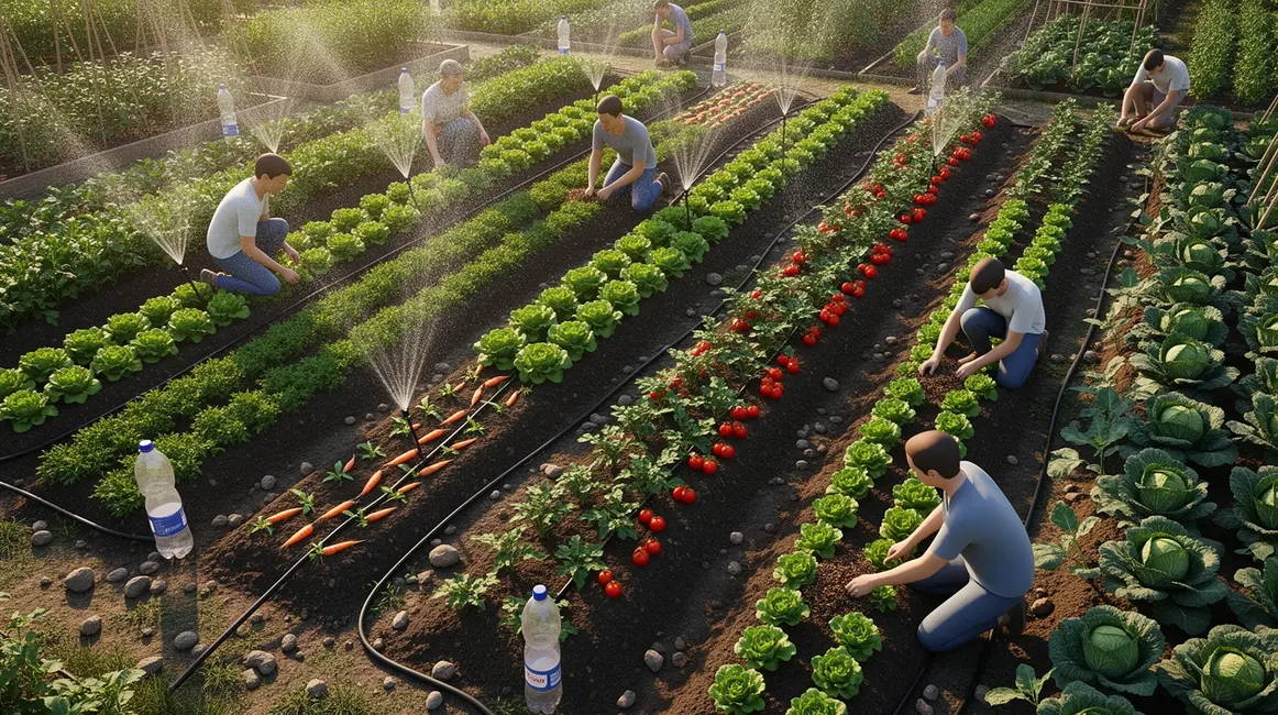 potager avec systèmes d'irrigation économes, silhouettes, légumes