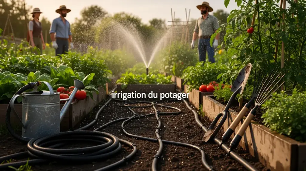 potager avec systèmes d’irrigation modernes et goutte-à-goutte