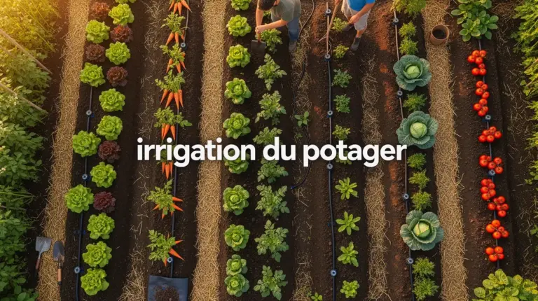 Vue aérienne d'un potager avec irrigation goutte-à-goutte et paillage