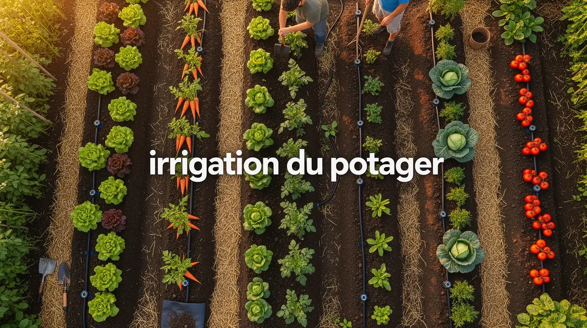 Vue aérienne d'un potager avec irrigation goutte-à-goutte et paillage