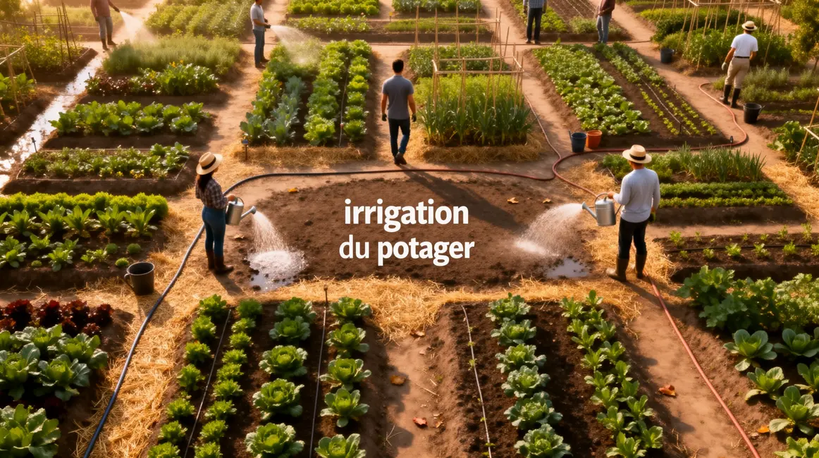 Vue aérienne d’un potager organisé avec irrigation