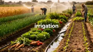 Parcelle agricole avec systèmes irrigation et cultivateurs
