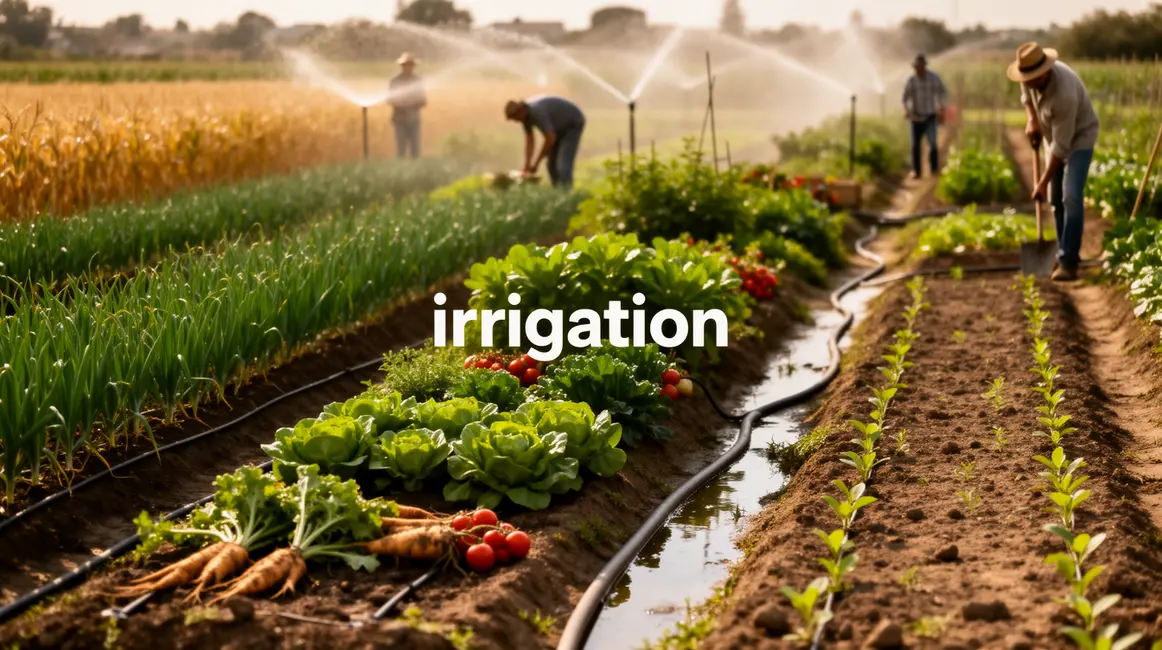 Parcelle agricole avec systèmes irrigation et cultivateurs
