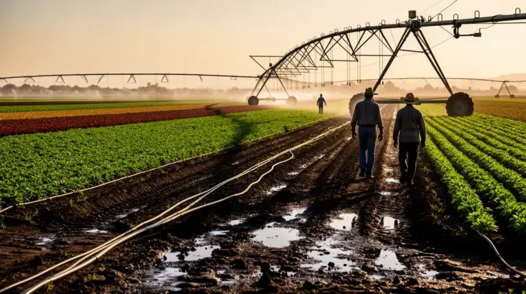 Exploitation agricole moderne avec systemes d'irrigation visibles