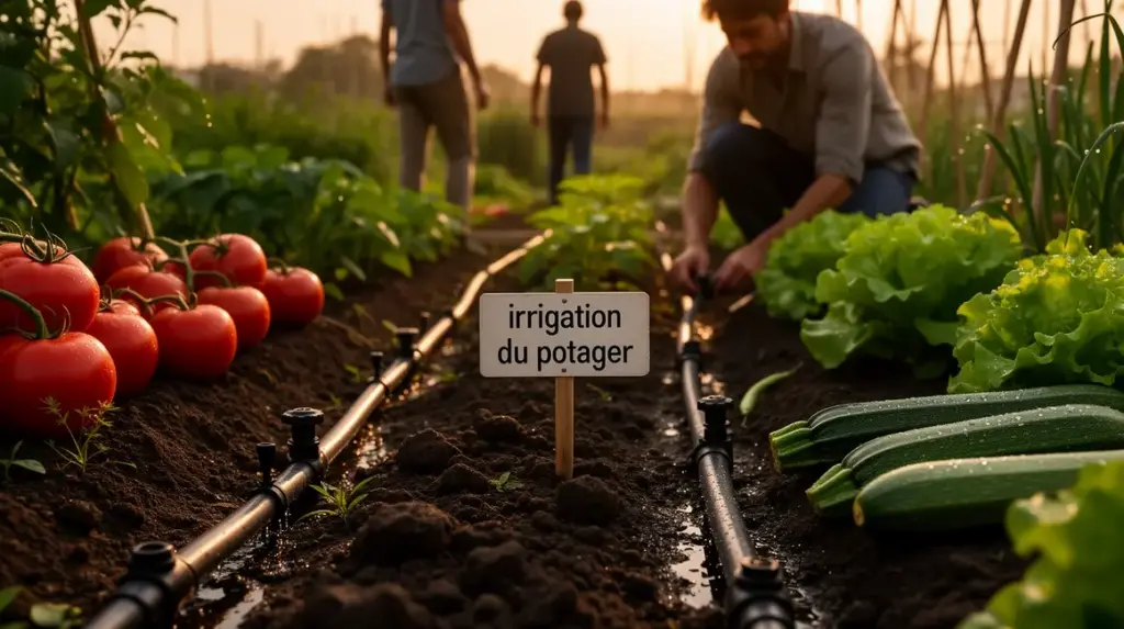 Scène d'irrigation potager en soirée avec goutte-à-goutte