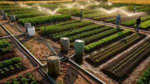Vue aerienne d'un potager avec irrigation goutte a goutte et eau de pluie