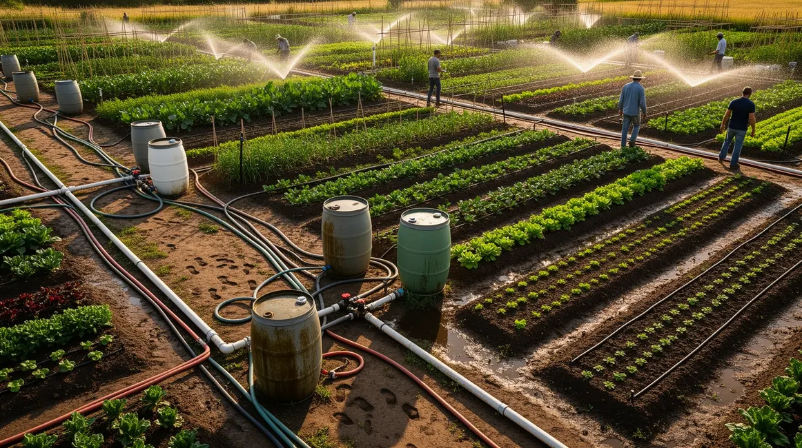 Vue aerienne d'un potager avec irrigation goutte a goutte et eau de pluie