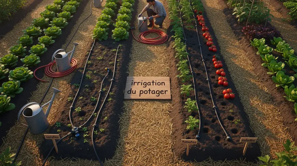 grande vue potager irrigation lignes legumes paillage goutte a goutte