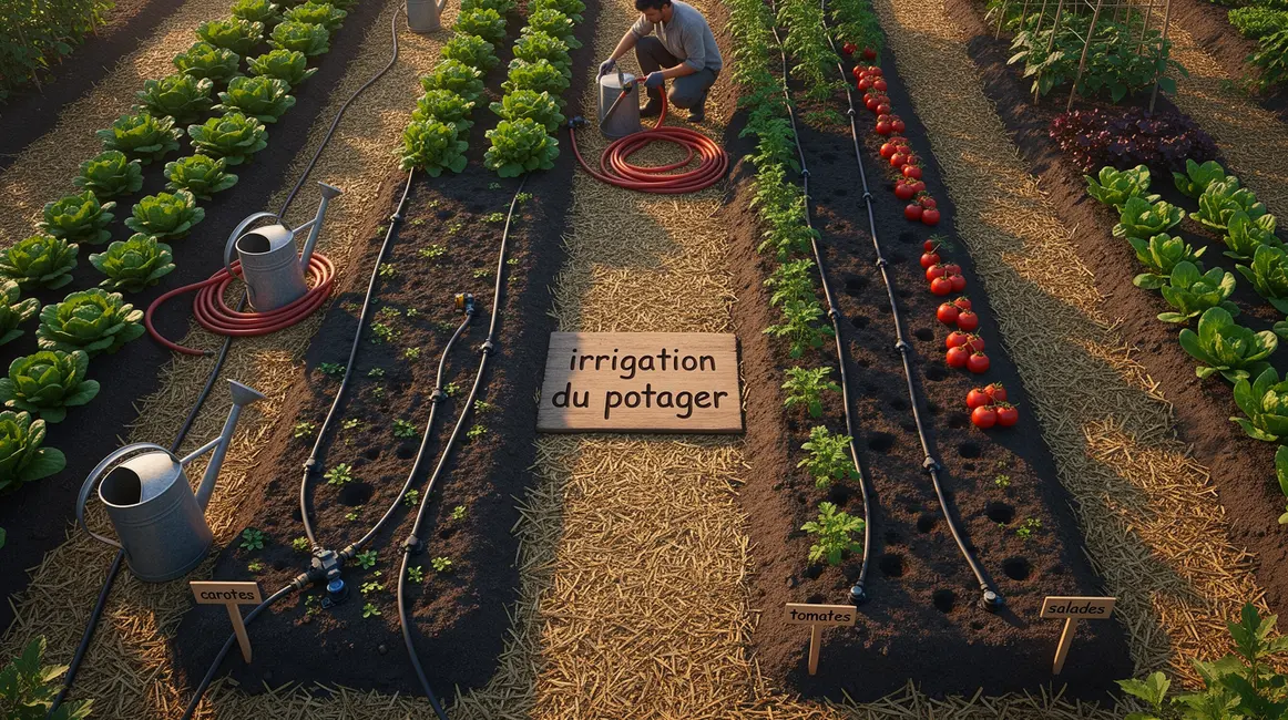 grande vue potager irrigation lignes legumes paillage goutte a goutte
