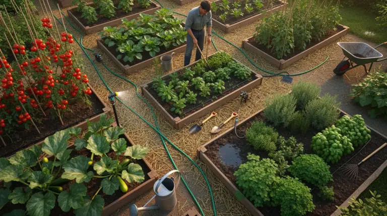 irrigation potager vue aérienne avec systèmes automatiques et manuels