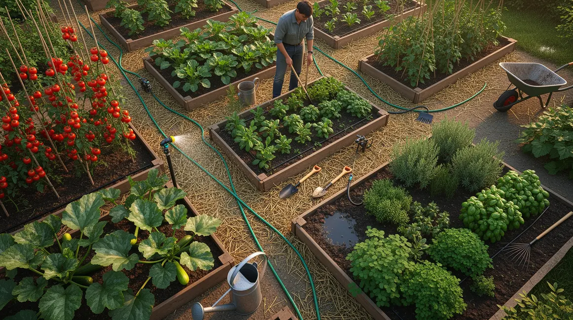 irrigation potager vue aérienne avec systèmes automatiques et manuels