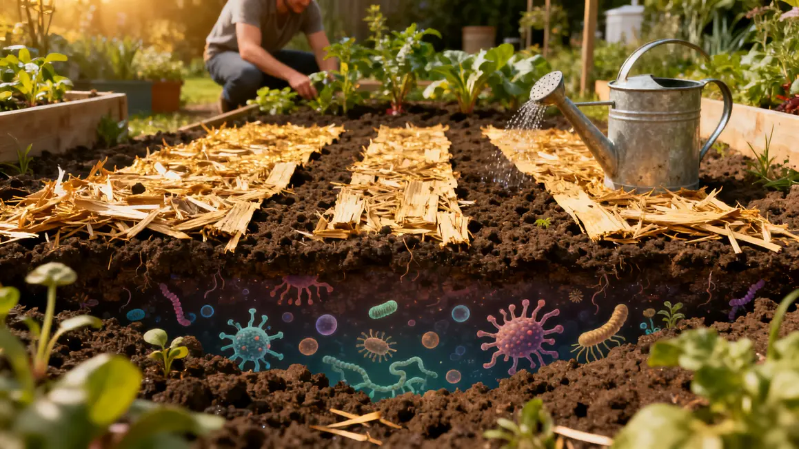 Bandes de paillis organique, bouclier naturel, terre meuble, plantes