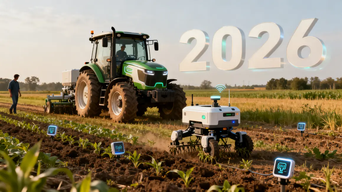 champ avec tracteur hybride robot et capteurs materiel agricole 2026