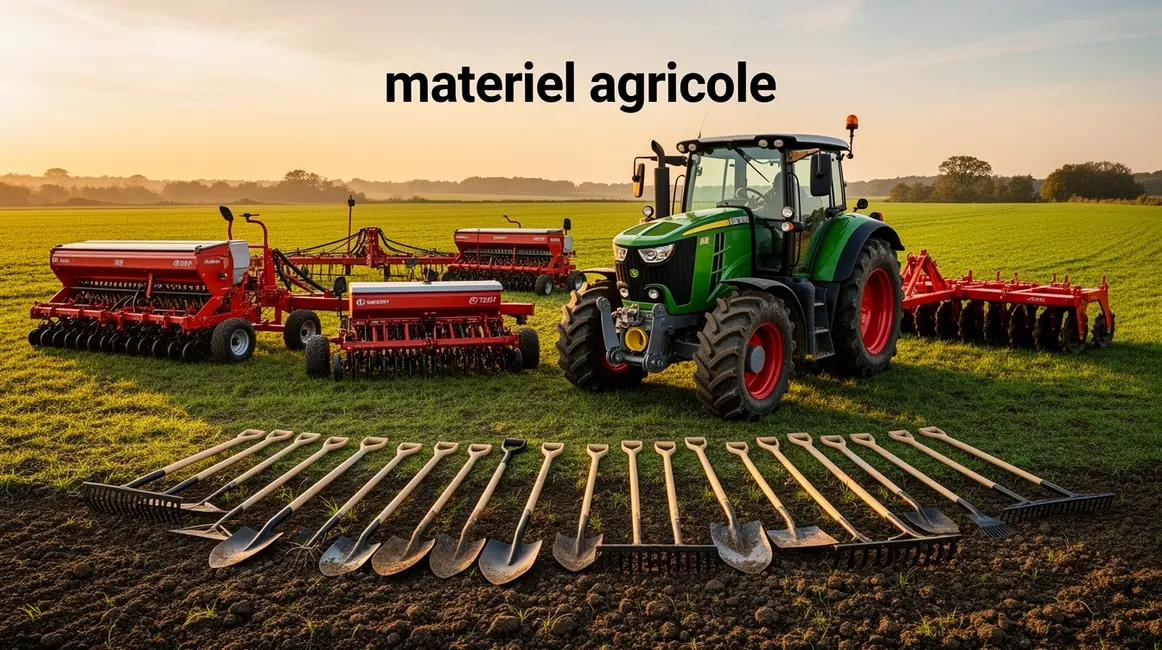 Matériel agricole, tracteur et outils sur champ moderne