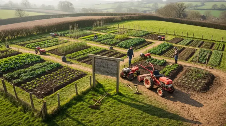vue aerienne exploitation avec materiel agricole, outils manuels et machines