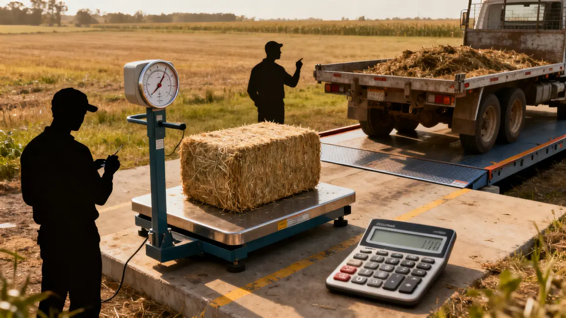 Mesure poids botte de paille avec balance, pont-bascule, controle humidité