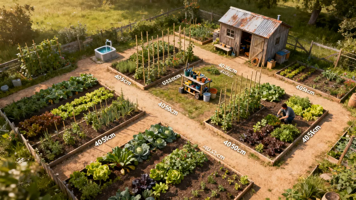 Plan potager bandes, allées larges, outil central et supports