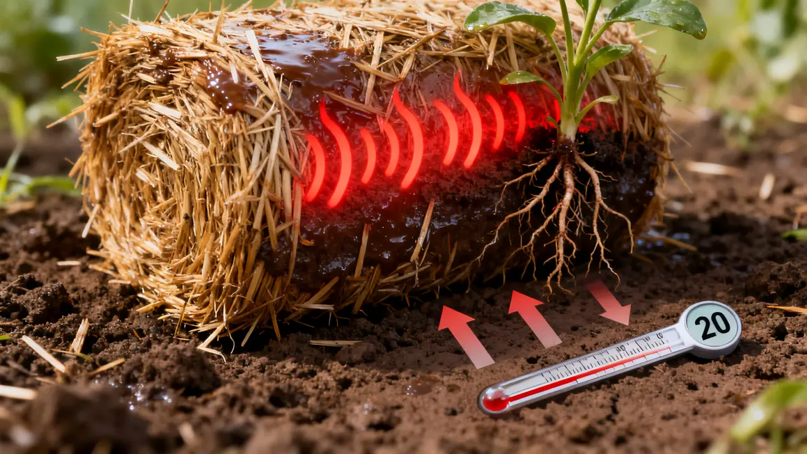 Coupe botte de paille humide, racines, chaleur, nutriments vers plantes