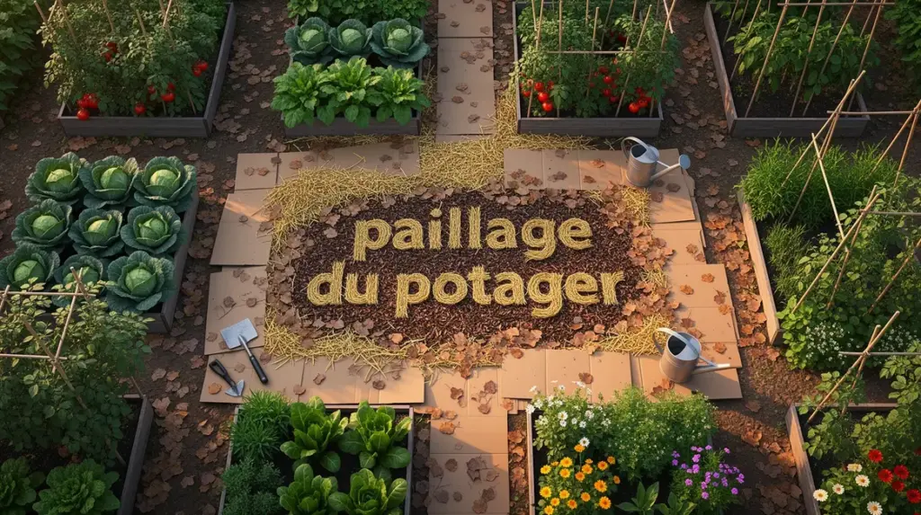 potager paillage paille feuilles cartons vue du dessus