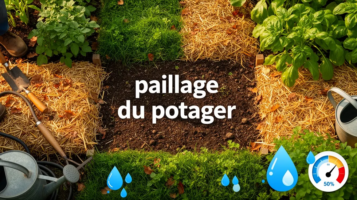 Potager luxuriant recouvert de paillis organique, économie d’eau, outils jardinage