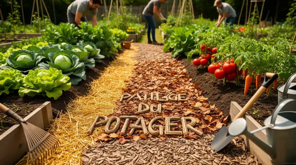 Potager avec paillage paille feuilles BRF en action