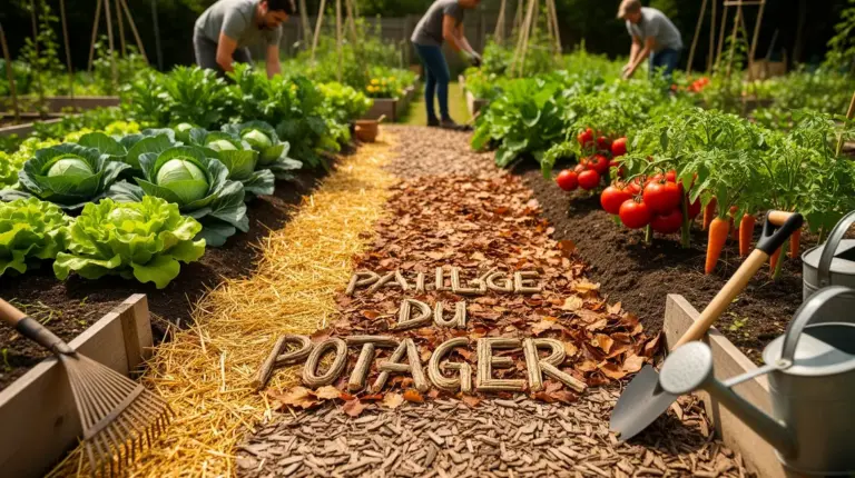Potager avec paillage paille feuilles BRF en action
