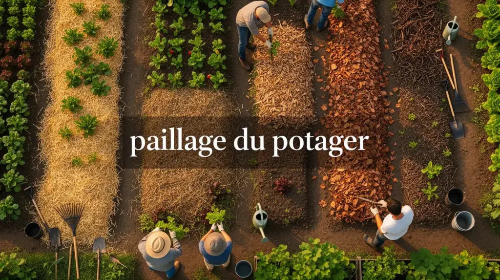 potager vue aérienne paillage paille feuilles BRF outils