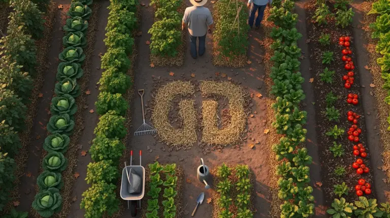 Vue aerienne d'un potager paillage du potager outils rangs legumes