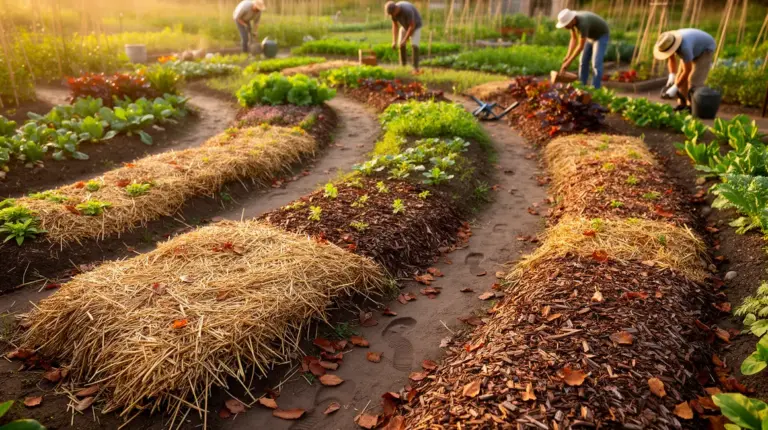 potager paillé avec paille copeaux feuilles vue aérienne