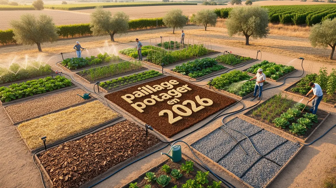 vue aerienne paillage potager 2026 parcelles irrigation