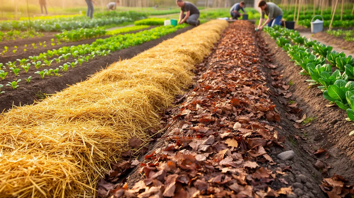 Vue d'un potager avec différents paillis naturels
