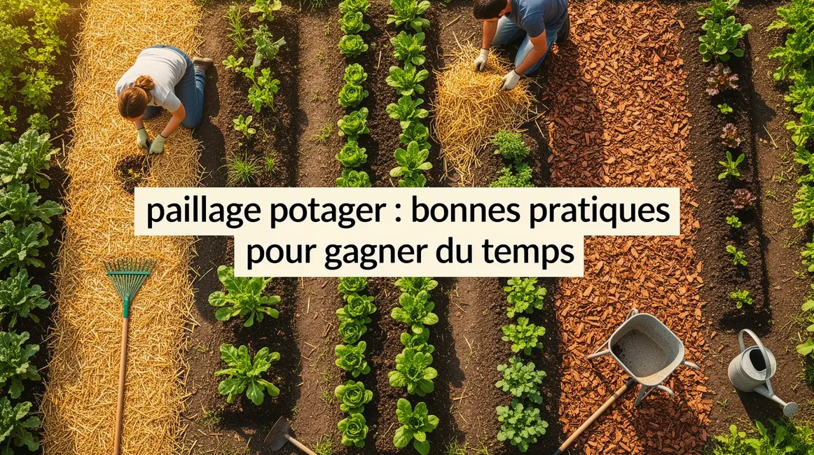 vue d'ensemble potager permaculture avec paillage et outils