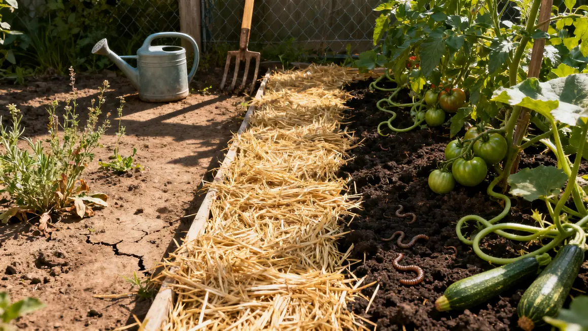avant apres paillage potager paille tomates courges