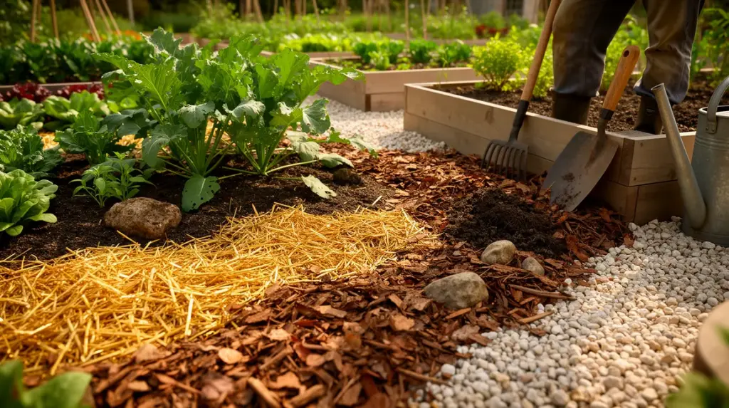 potager paillage materiaux epaisseur vue photorealiste
