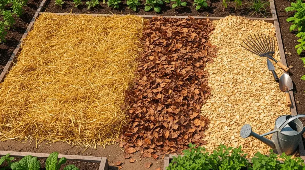 Vue aérienne d'un potager paillé avec différents paillis