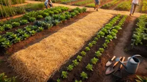 potager paillé legumes outils vue aerienne
