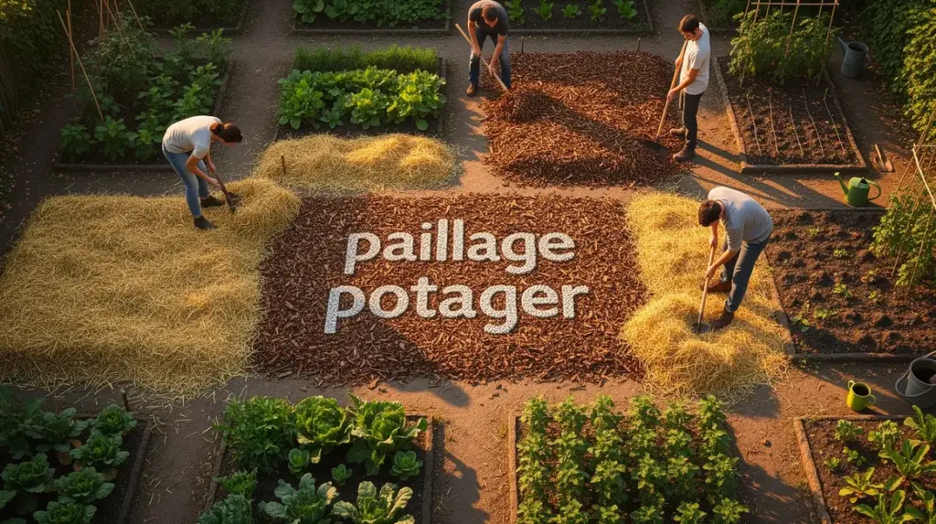 vue aérienne potager paillage paille foin BRF optimisation