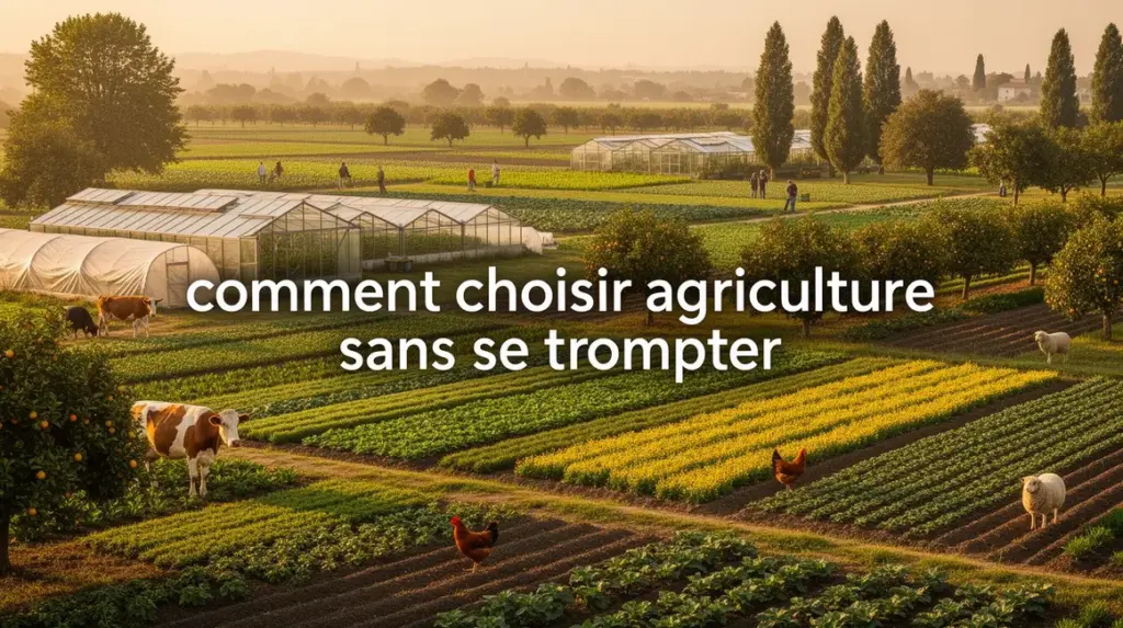 Paysage agricole diversifié avec champs, serres, animaux et le mot comment choisir agriculture sans se tromper