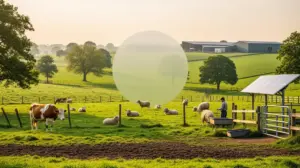 Vue elevage durable animaux en liberte et infrastructures modernes