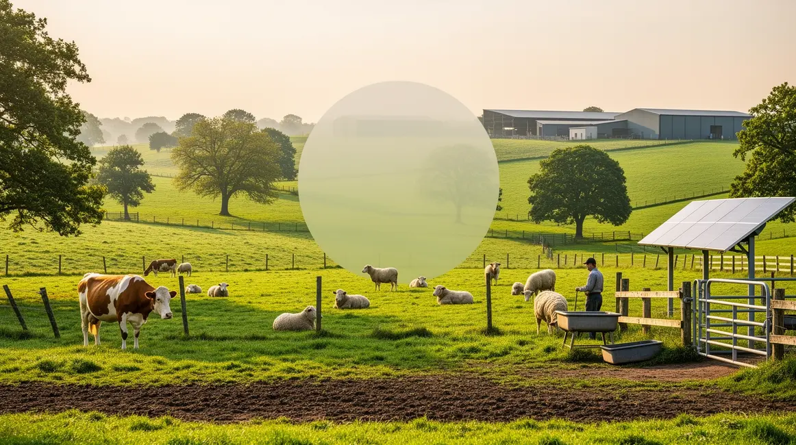 Vue elevage durable animaux en liberte et infrastructures modernes
