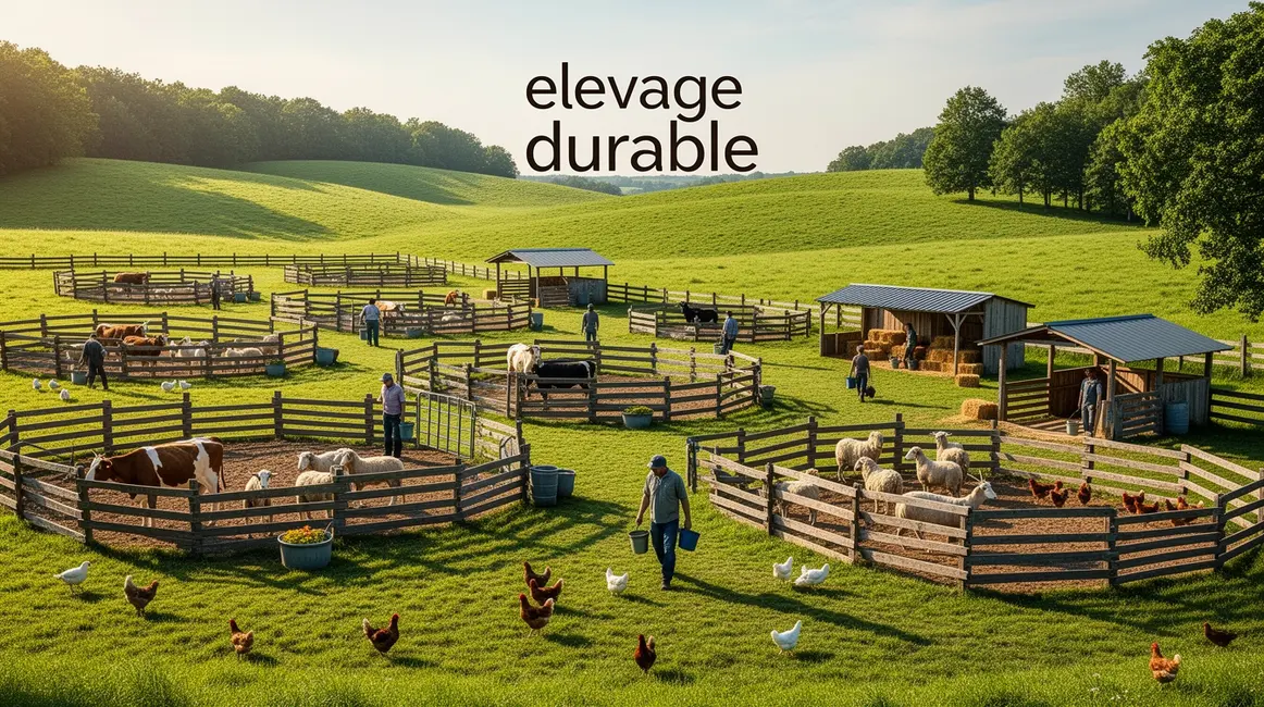 Vue harmonieuse d'enclos animaux et champs verts en élevage durable
