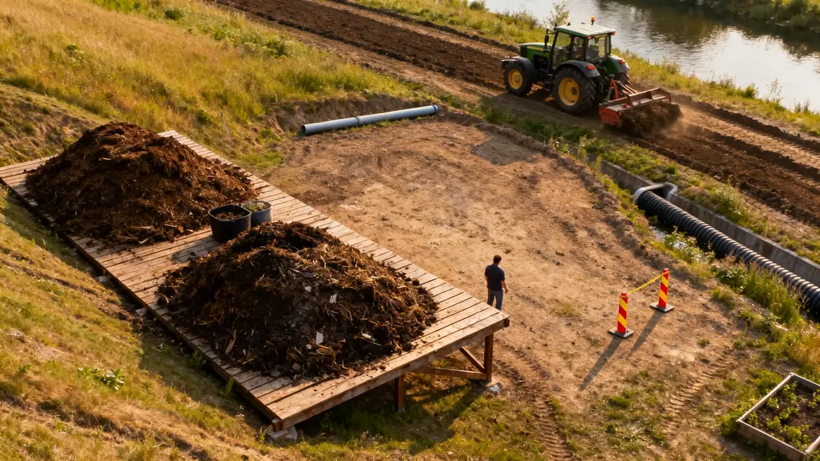Plateforme compostage agricole avec drains et marquage