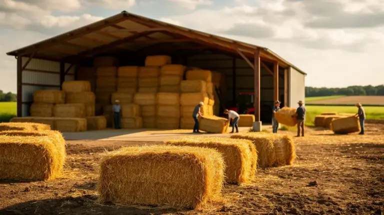 Paysage agricole avec bottes de paille, stockage et agriculteurs