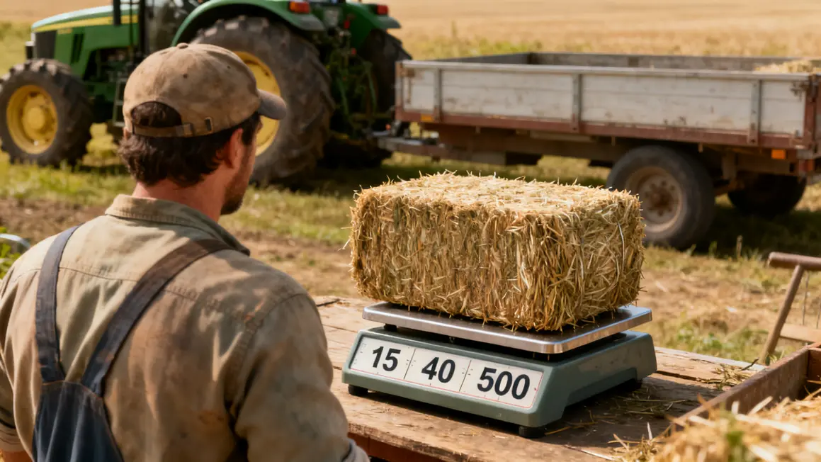 Agriculteur pesant une botte de paille rectangulaire, valeurs poids affichées